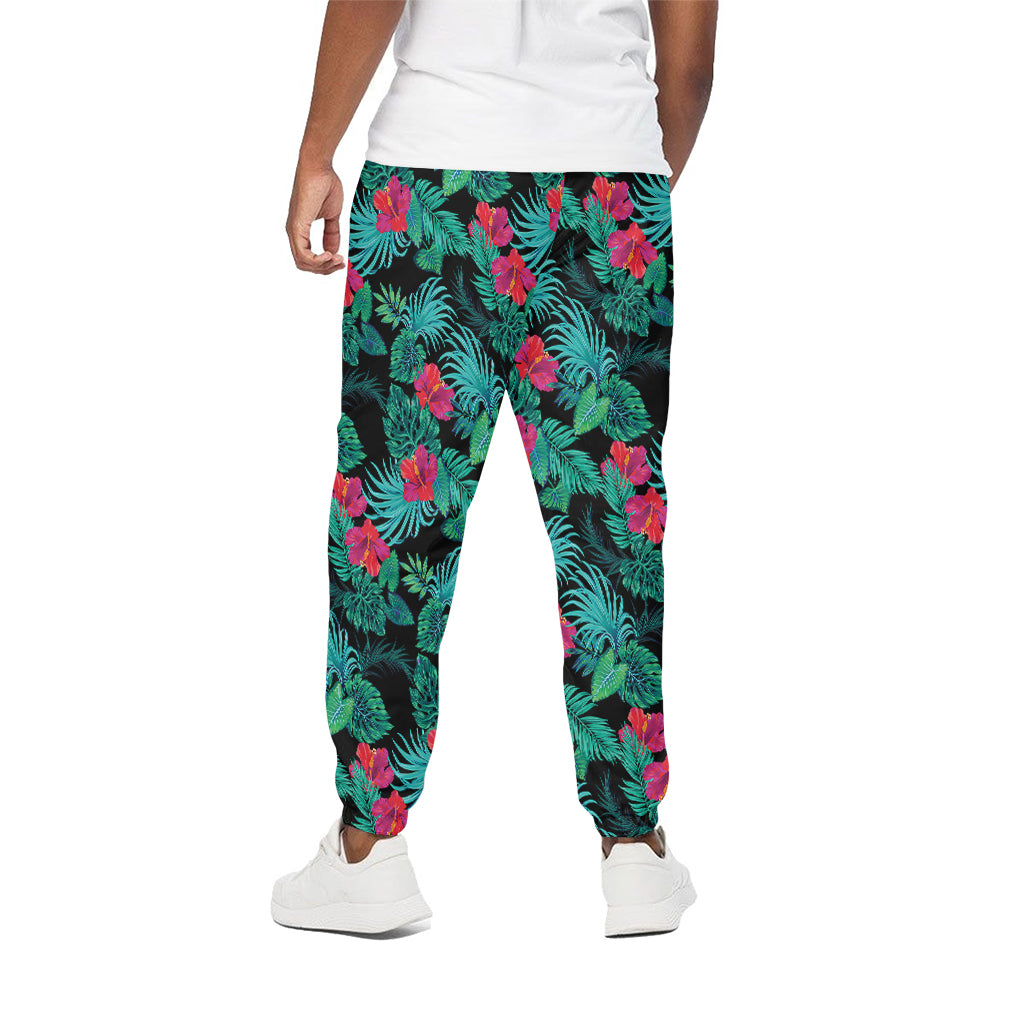 Turquoise Hawaiian Palm Leaves Print Cotton Pants
