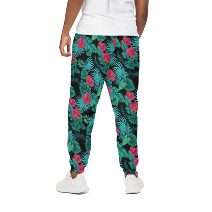 Turquoise Hawaiian Palm Leaves Print Cotton Pants