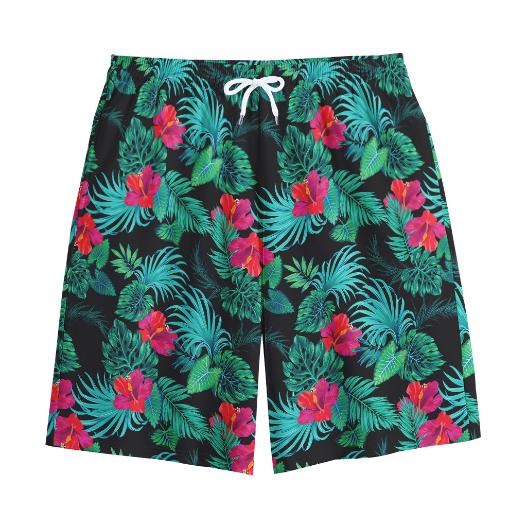 Turquoise Hawaiian Palm Leaves Print Cotton Shorts