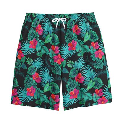 Turquoise Hawaiian Palm Leaves Print Cotton Shorts
