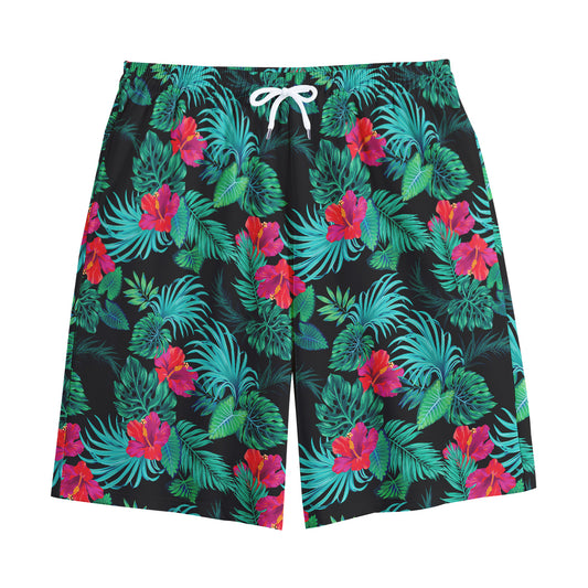 Turquoise Hawaiian Palm Leaves Print Cotton Shorts