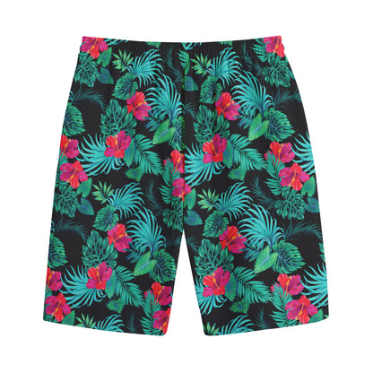 Turquoise Hawaiian Palm Leaves Print Cotton Shorts