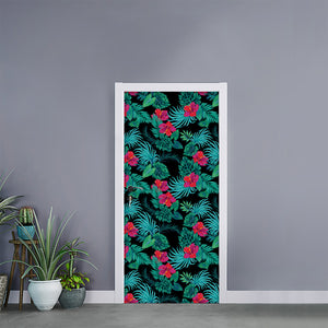 Turquoise Hawaiian Palm Leaves Print Door Sticker