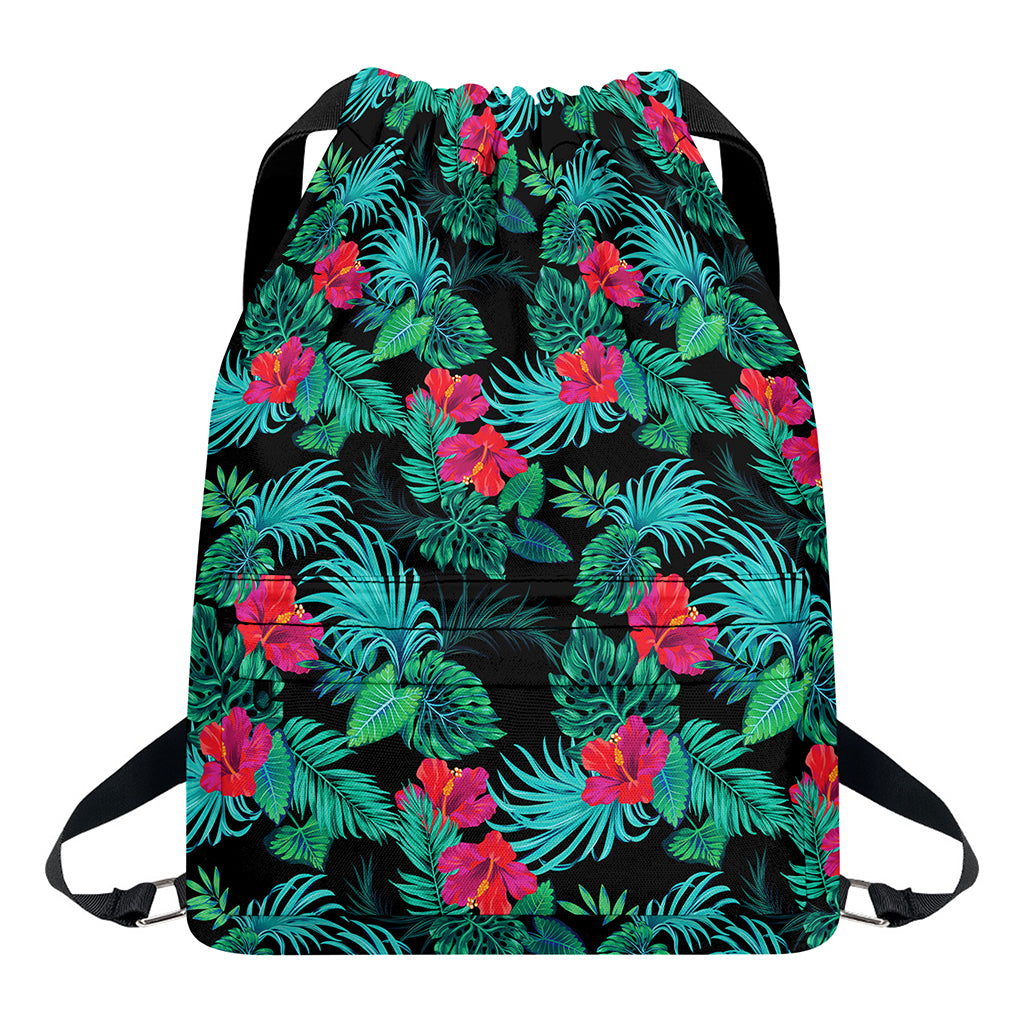 Turquoise Hawaiian Palm Leaves Print Drawstring Backpack