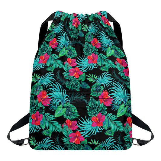 Turquoise Hawaiian Palm Leaves Print Drawstring Backpack