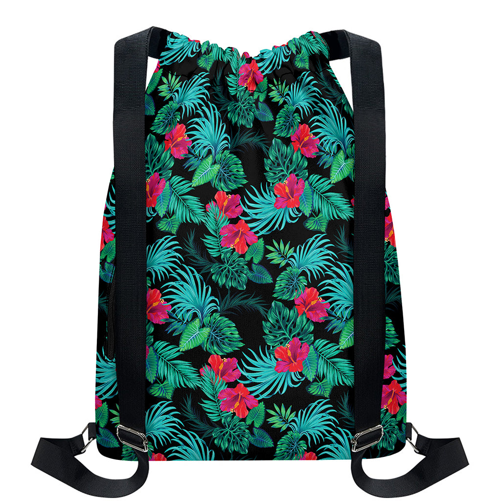 Turquoise Hawaiian Palm Leaves Print Drawstring Backpack