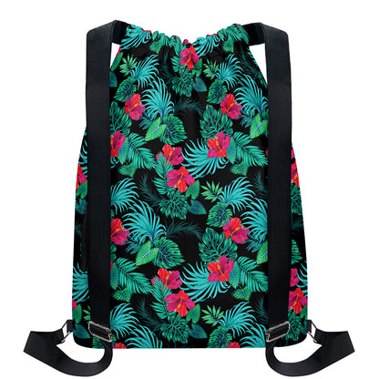 Turquoise Hawaiian Palm Leaves Print Drawstring Backpack