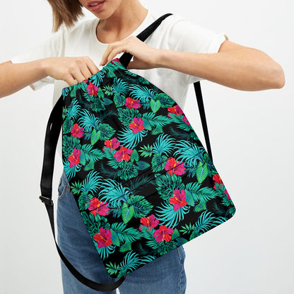 Turquoise Hawaiian Palm Leaves Print Drawstring Backpack