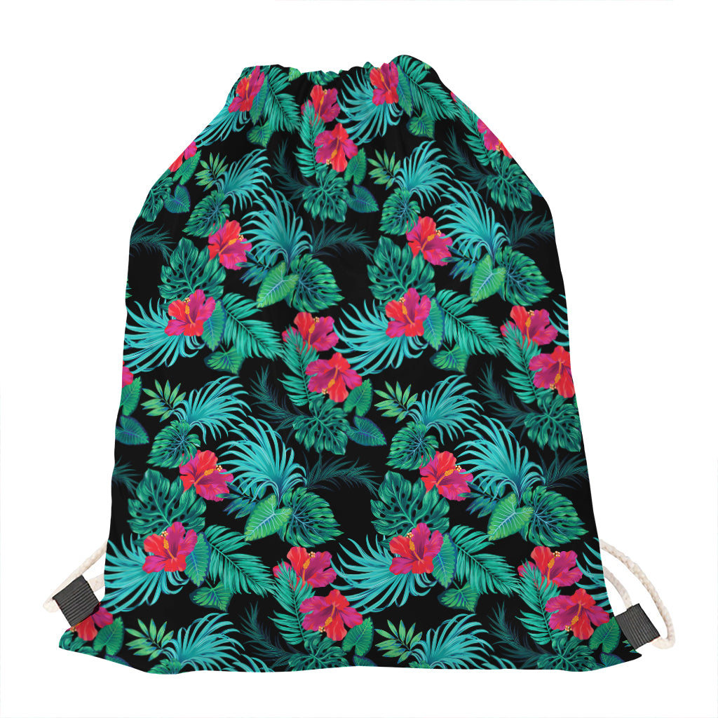 Turquoise Hawaiian Palm Leaves Print Drawstring Bag