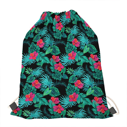 Turquoise Hawaiian Palm Leaves Print Drawstring Bag