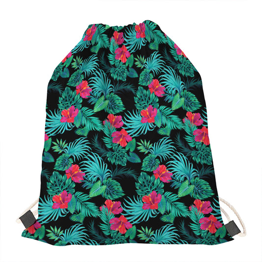 Turquoise Hawaiian Palm Leaves Print Drawstring Bag