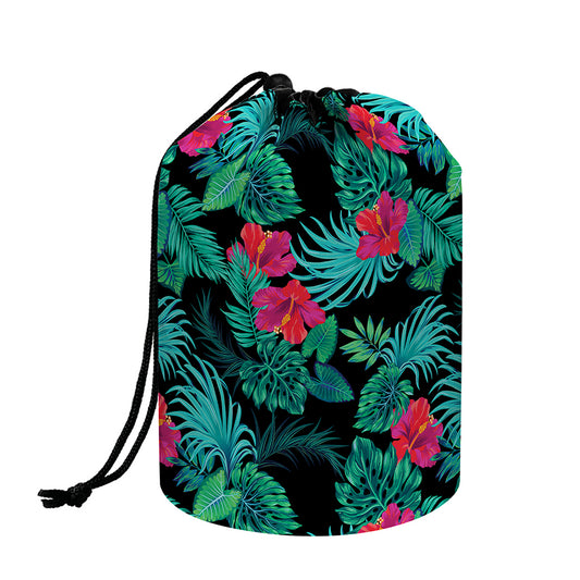 Turquoise Hawaiian Palm Leaves Print Drawstring Makeup Bag