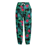 Turquoise Hawaiian Palm Leaves Print Fleece Lined Knit Pants