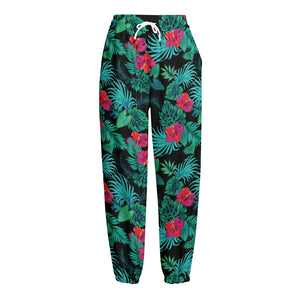 Turquoise Hawaiian Palm Leaves Print Fleece Lined Knit Pants