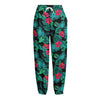 Turquoise Hawaiian Palm Leaves Print Fleece Lined Knit Pants