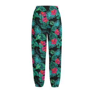 Turquoise Hawaiian Palm Leaves Print Fleece Lined Knit Pants