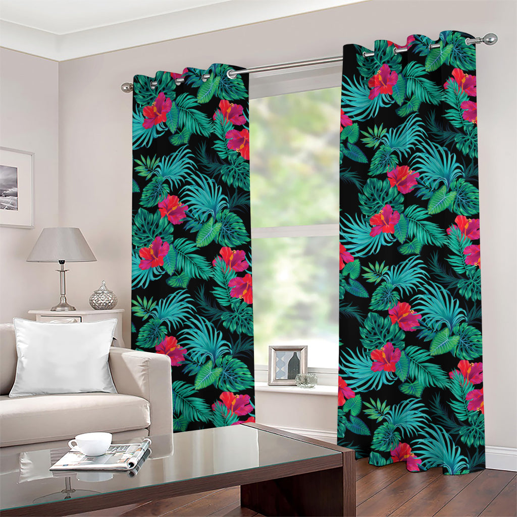 Turquoise Hawaiian Palm Leaves Print Grommet Curtains