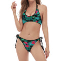 Turquoise Hawaiian Palm Leaves Print Halter Scoop Tie Side Bikini
