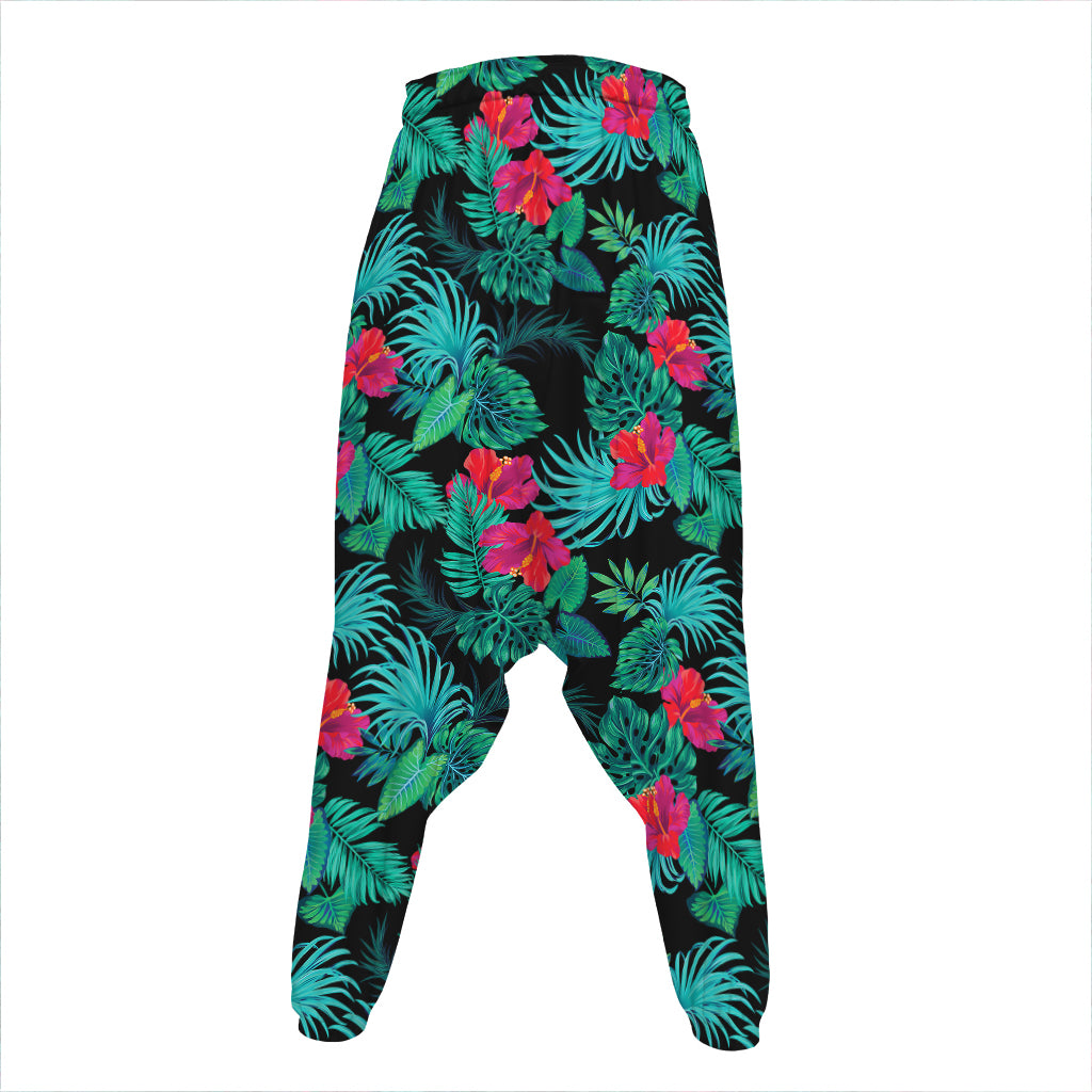 Turquoise Hawaiian Palm Leaves Print Hammer Pants