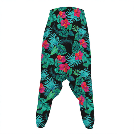 Turquoise Hawaiian Palm Leaves Print Hammer Pants