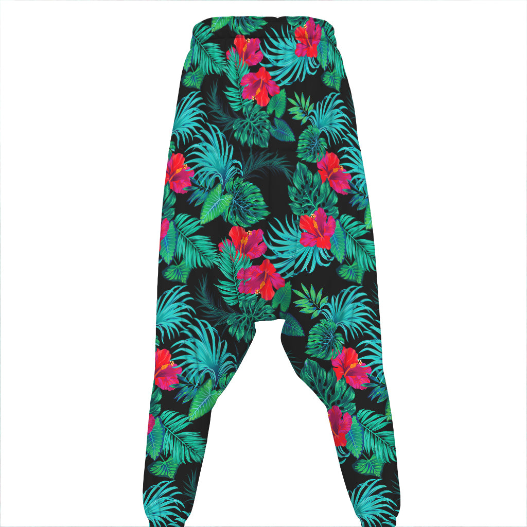 Turquoise Hawaiian Palm Leaves Print Hammer Pants
