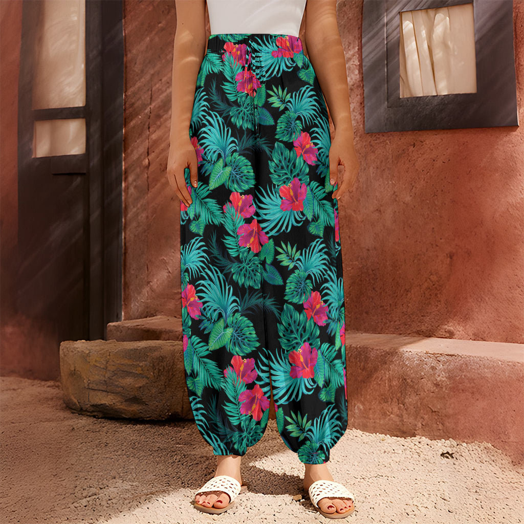 Turquoise Hawaiian Palm Leaves Print Harem Pants
