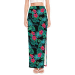 Turquoise Hawaiian Palm Leaves Print High Slit Maxi Skirt
