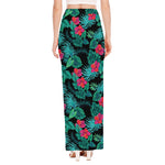 Turquoise Hawaiian Palm Leaves Print High Slit Maxi Skirt