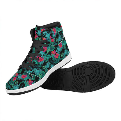 Turquoise Hawaiian Palm Leaves Print High Top Leather Sneakers