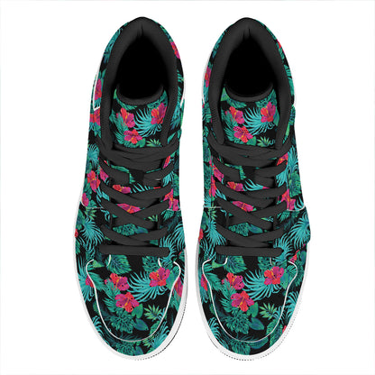Turquoise Hawaiian Palm Leaves Print High Top Leather Sneakers