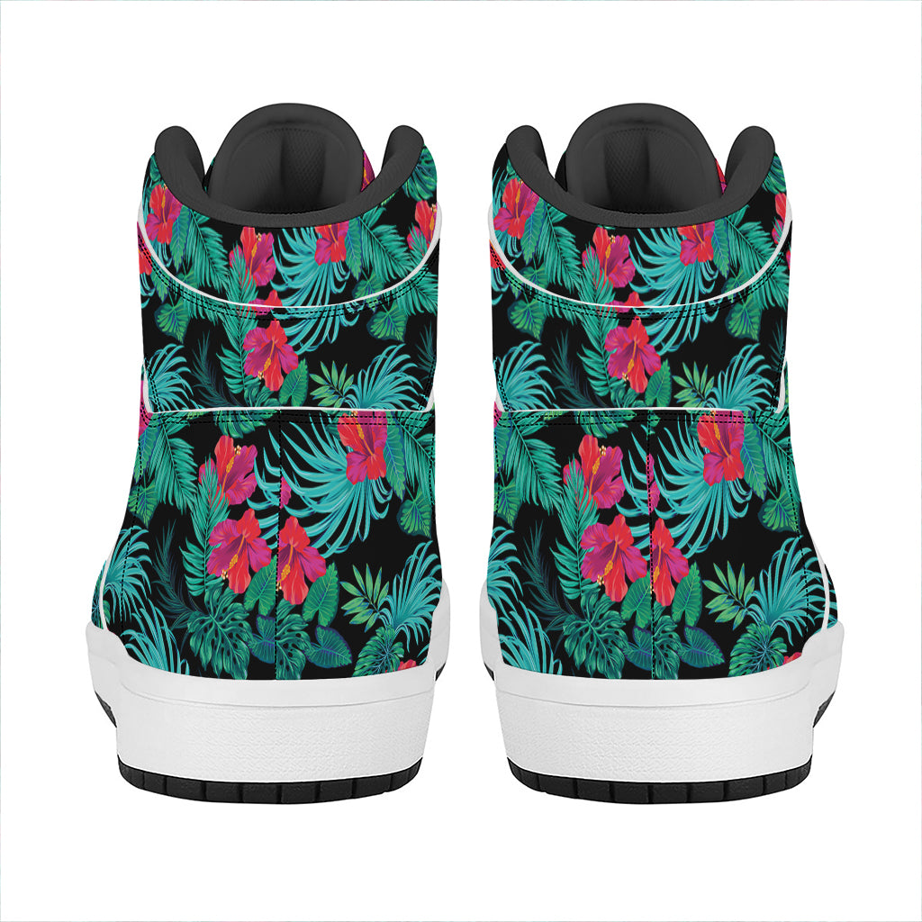 Turquoise Hawaiian Palm Leaves Print High Top Leather Sneakers