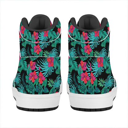 Turquoise Hawaiian Palm Leaves Print High Top Leather Sneakers