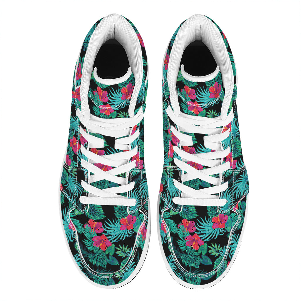Turquoise Hawaiian Palm Leaves Print High Top Leather Sneakers