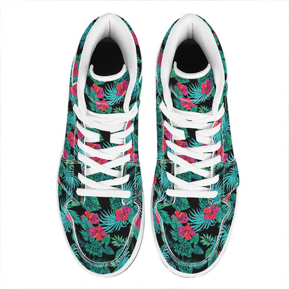 Turquoise Hawaiian Palm Leaves Print High Top Leather Sneakers