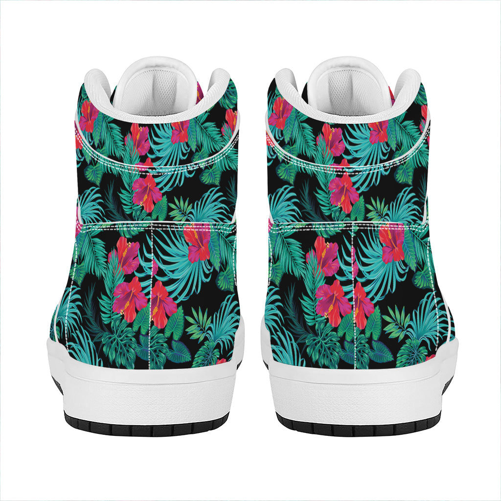 Turquoise Hawaiian Palm Leaves Print High Top Leather Sneakers