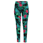Turquoise Hawaiian Palm Leaves Print High-Waisted Pocket Leggings