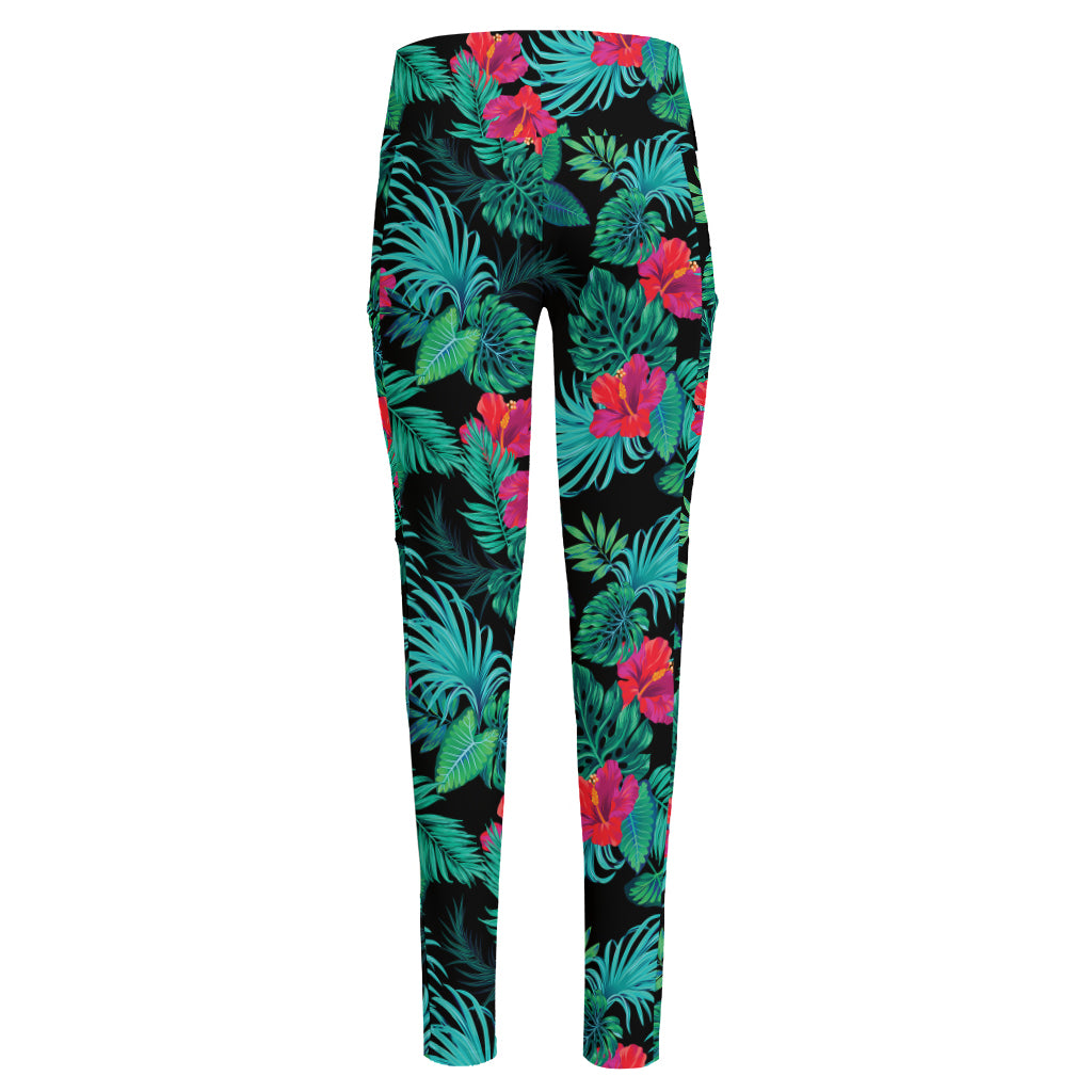 Turquoise Hawaiian Palm Leaves Print High-Waisted Pocket Leggings