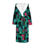 Turquoise Hawaiian Palm Leaves Print Hooded Bathrobe