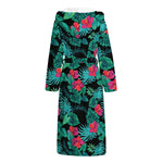 Turquoise Hawaiian Palm Leaves Print Hooded Bathrobe