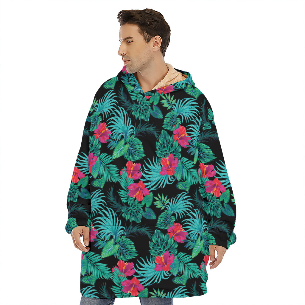 Turquoise Hawaiian Palm Leaves Print Hoodie Blanket