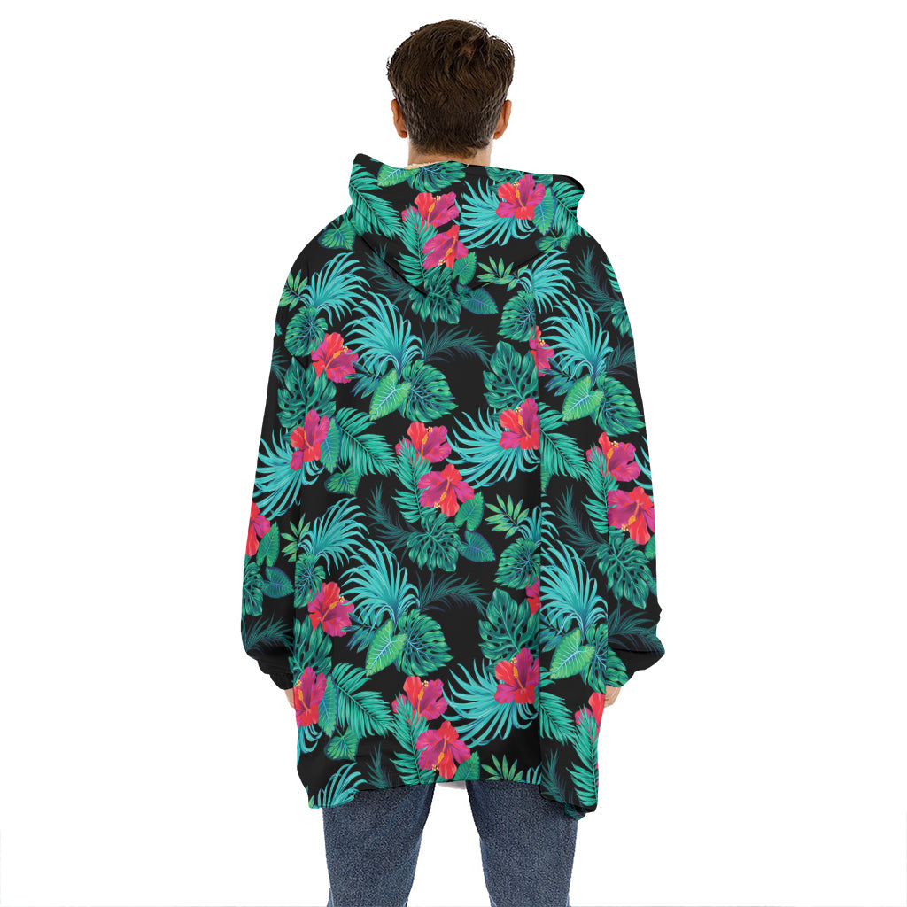 Turquoise Hawaiian Palm Leaves Print Hoodie Blanket