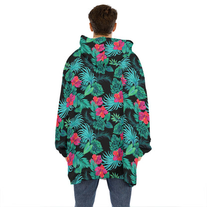 Turquoise Hawaiian Palm Leaves Print Hoodie Blanket