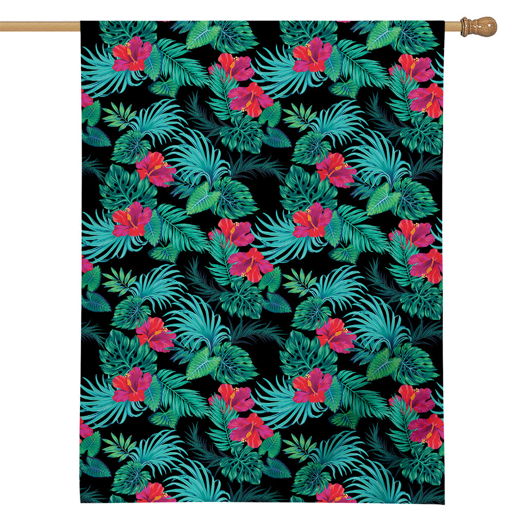 Turquoise Hawaiian Palm Leaves Print House Flag
