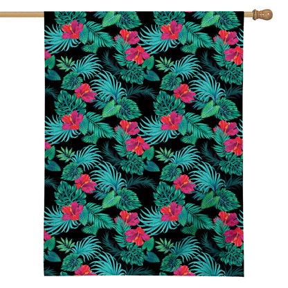 Turquoise Hawaiian Palm Leaves Print House Flag