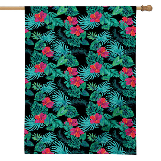 Turquoise Hawaiian Palm Leaves Print House Flag