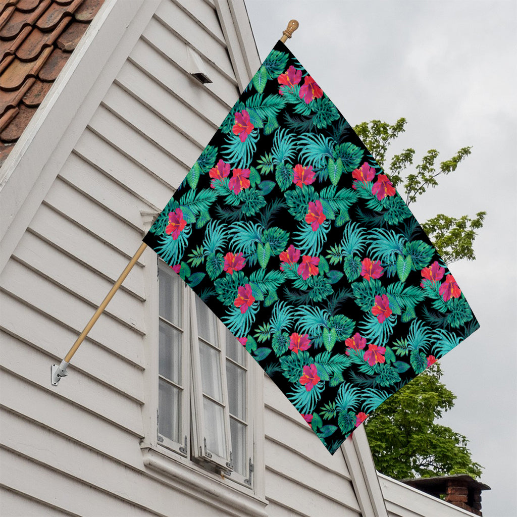 Turquoise Hawaiian Palm Leaves Print House Flag