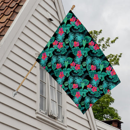 Turquoise Hawaiian Palm Leaves Print House Flag