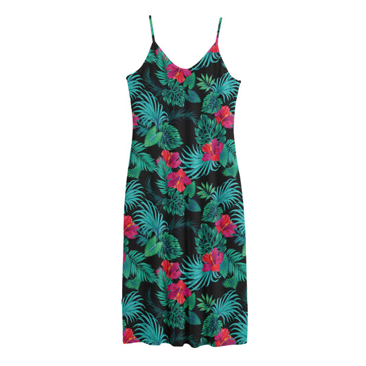Turquoise Hawaiian Palm Leaves Print Jersey Midi Cami Dress