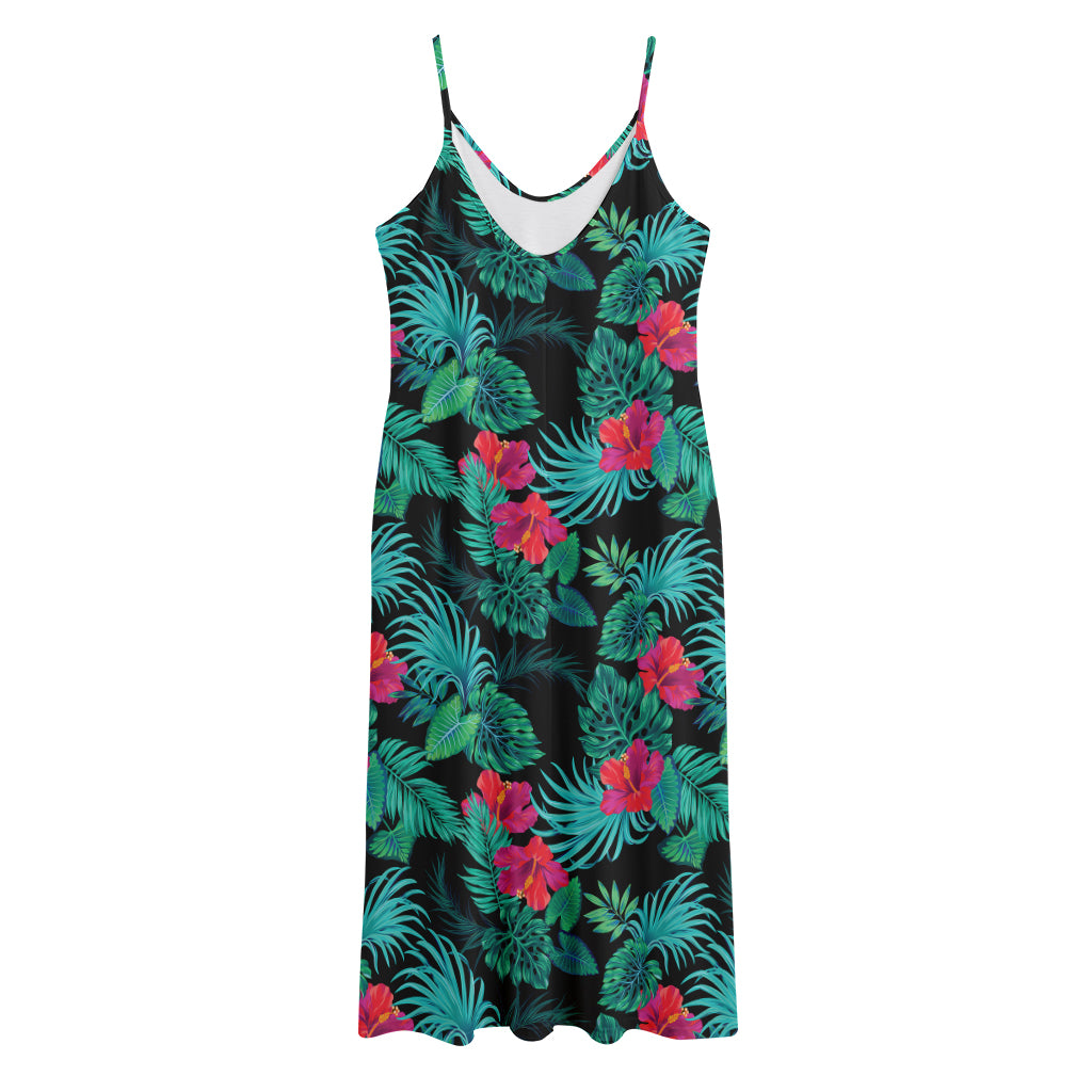 Turquoise Hawaiian Palm Leaves Print Jersey Midi Cami Dress