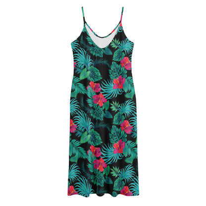 Turquoise Hawaiian Palm Leaves Print Jersey Midi Cami Dress